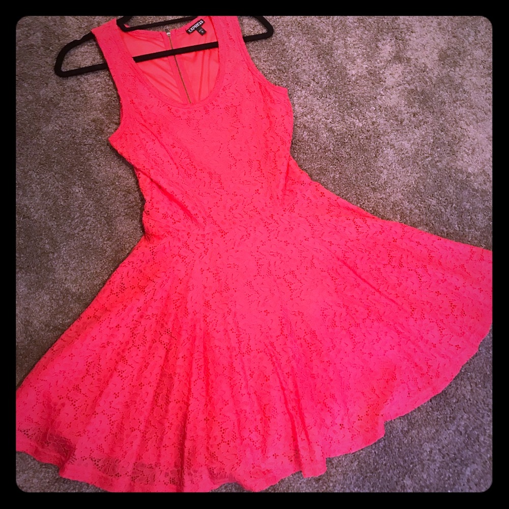 Express Coral Lace Fit and Flair Dress